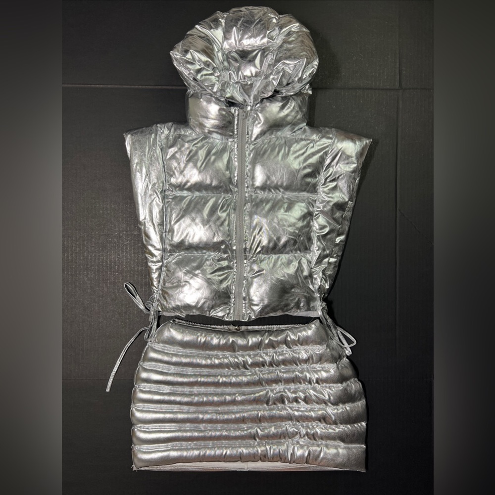 Half Heart Silver Metallic Shiny Vest Skirt Set Padded Qulited Puffer Womens S - Picture 1 of 15